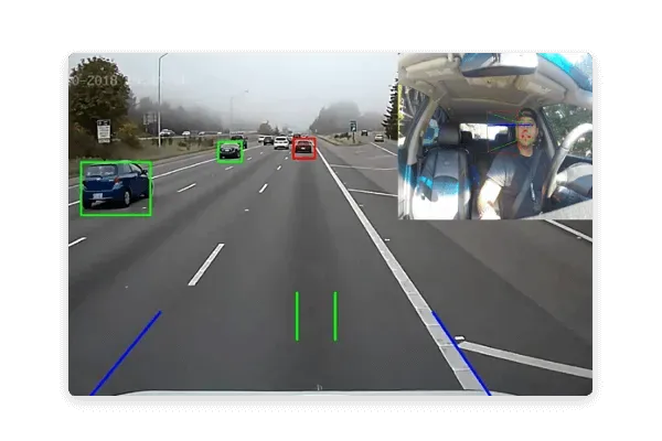 Dashcam showing video of road and inside car