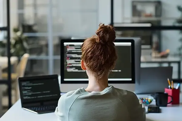 Back of woman looking at computer monitor in office