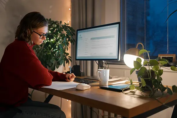 Woman with glasses writing notes on desk