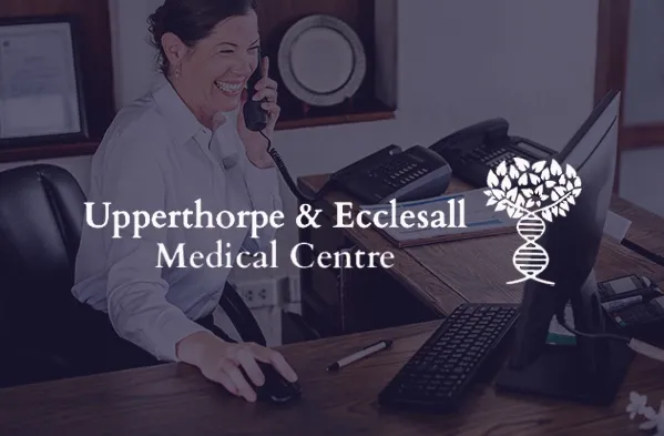 Upperthorpe Medical Centre logo over image of woman using telephone