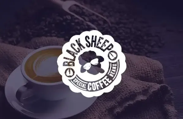 Blacksheep Coffee logo with coffee cup in the background