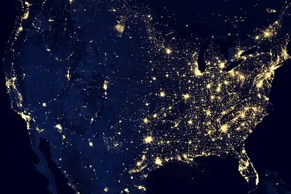 Satellite image of the United States of America at night