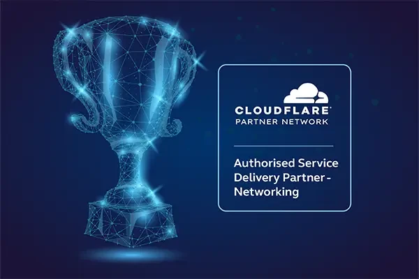 Cloudflare partner network logo to the right of a trophy on a blue background