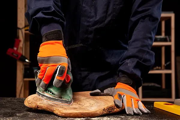 Person with orange gloves sanding wooden slab