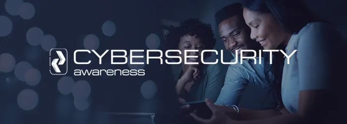 Cyber Security Awareness logo over image of three people looking at mobile phone