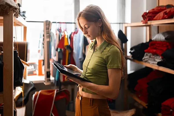 Woman standing up and looking down at tablet