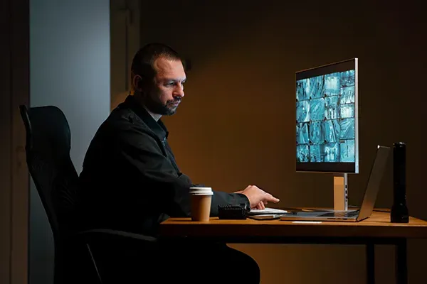 Man sitting at desk with a monitor and laptop