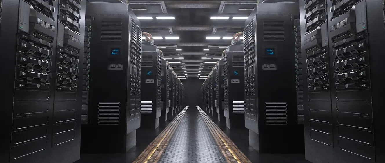 Servers in dark data centre hallway