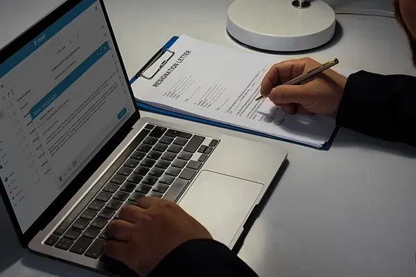 Person writing notes with right hand while using laptop with left