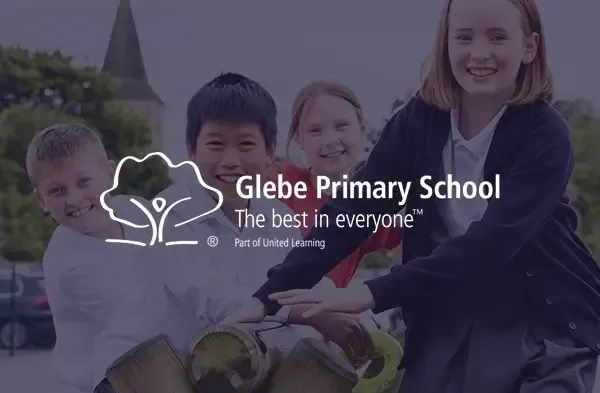 Glebe Primary School logo over image of children smiling