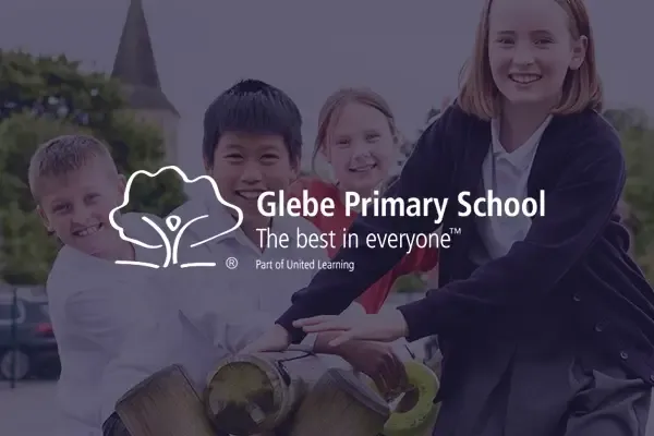 Glebe Primary School logo over image of children smiling