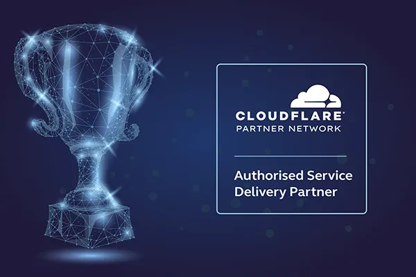 Cloudflare partner network logo to the right of a trophy on a blue background